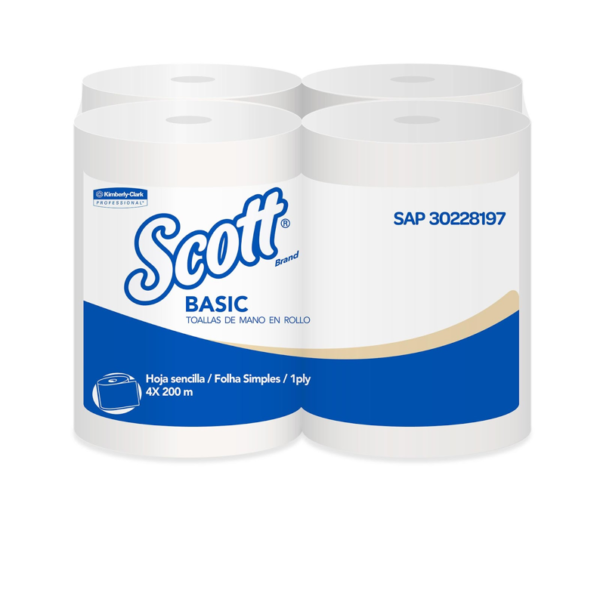 Toalla para secado de manos en rollo marca Scott Basic color blanca 1 hoja, para uso en dispensador 1X4X200 mts